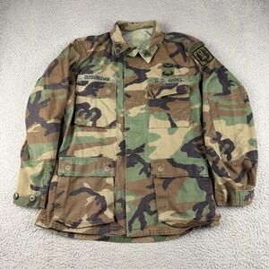 Vtg US Army BDU Shirt Woodland Camo Ripstop Military 80s Small Reg Patches